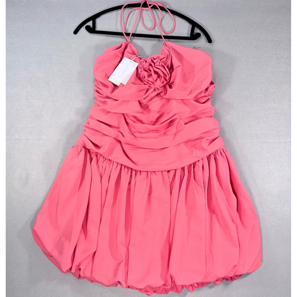 Lucy Paris Pink Ruched Bubble Hem Mini Dress Halter Detachable Flower XL